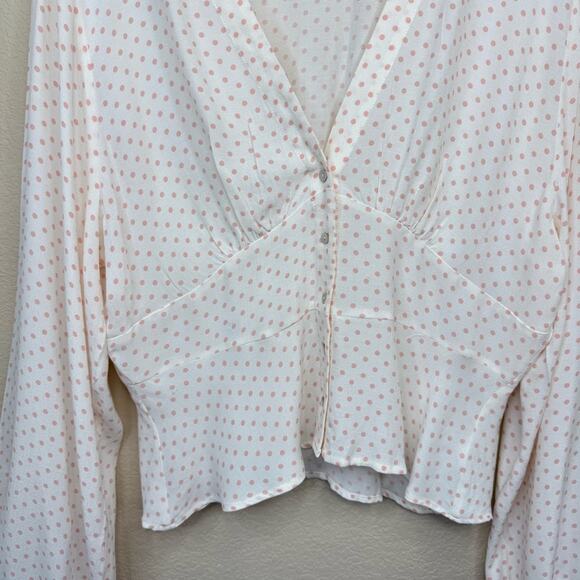 FREE PEOPLE Love Street Pink Ivory Polka Dot Long Sleeve Top Size L - Picture 7 of 15